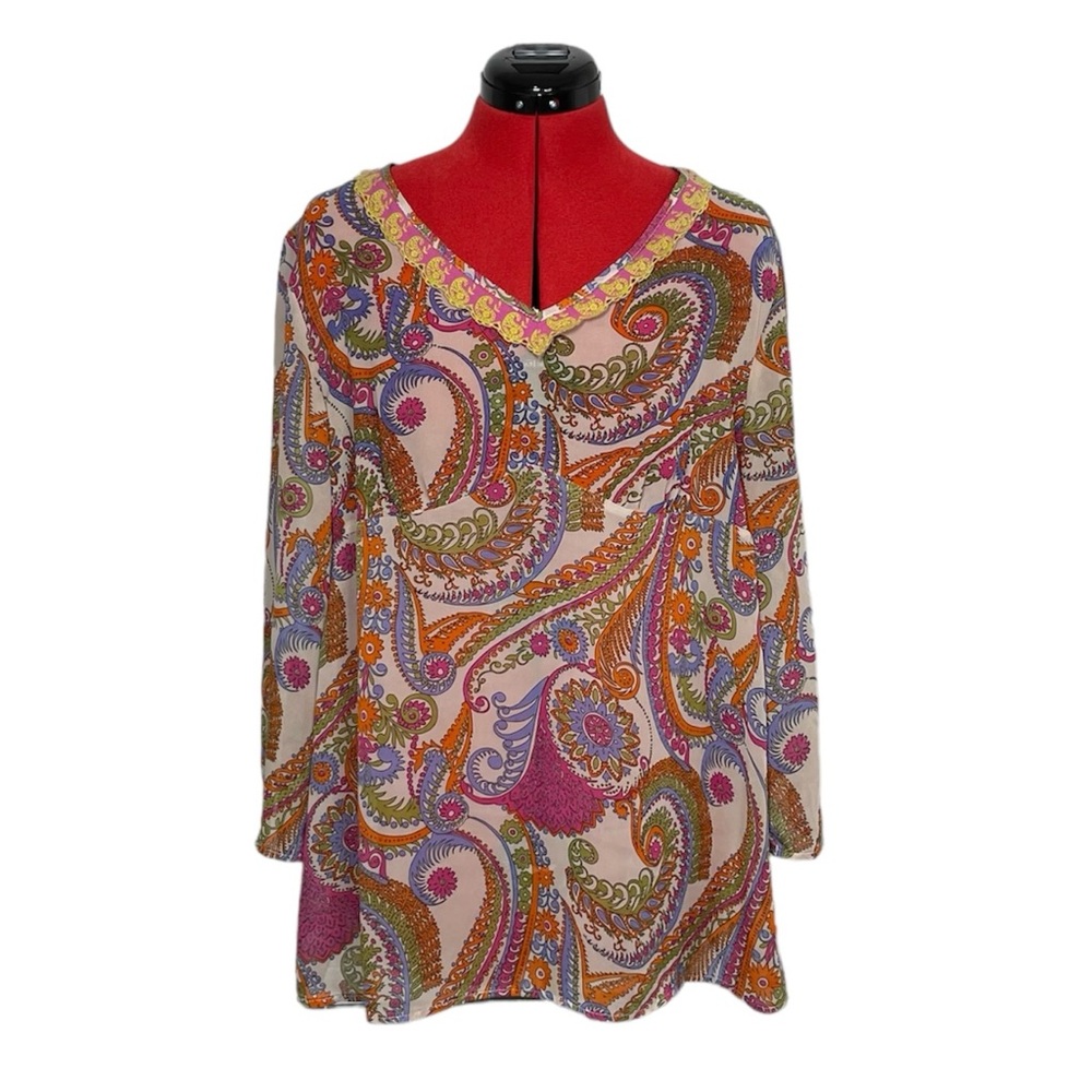 Avon Paisley Long Sleeve Semi Sheer Blouse Top Size XL.